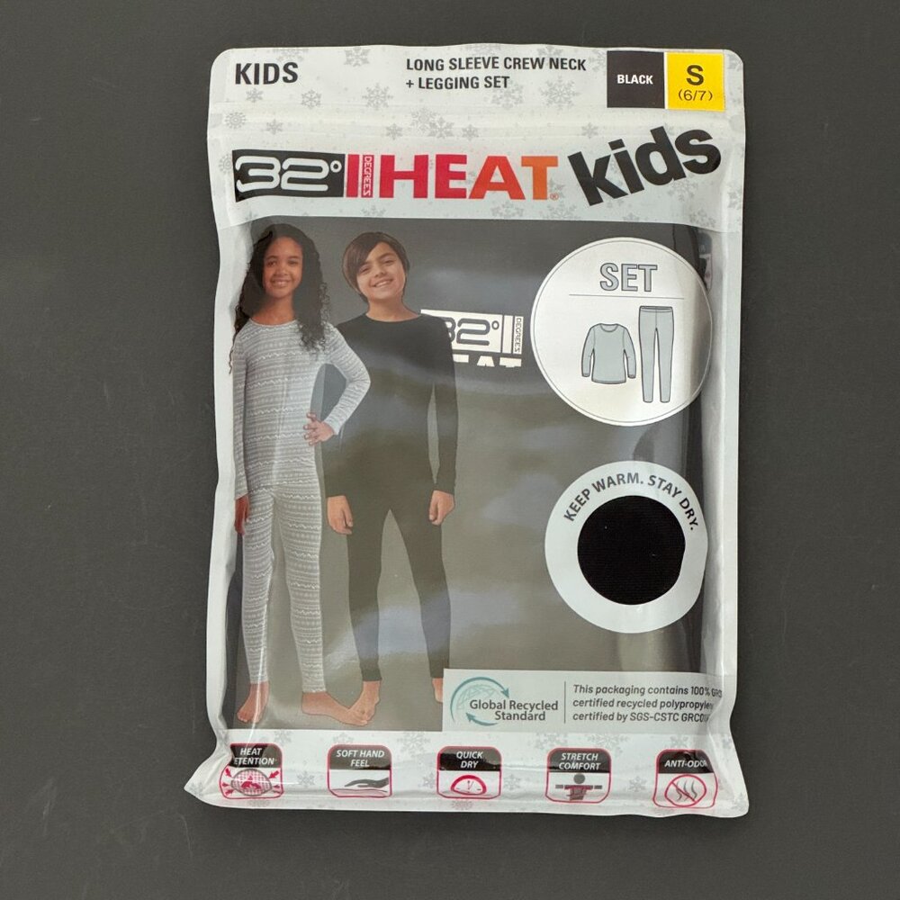 32 Degrees Kids' Black Heat Set - S (6/7) NWT
